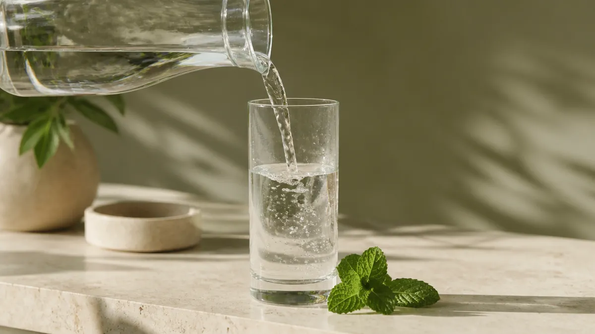 Glas water op een lichte keukentafel